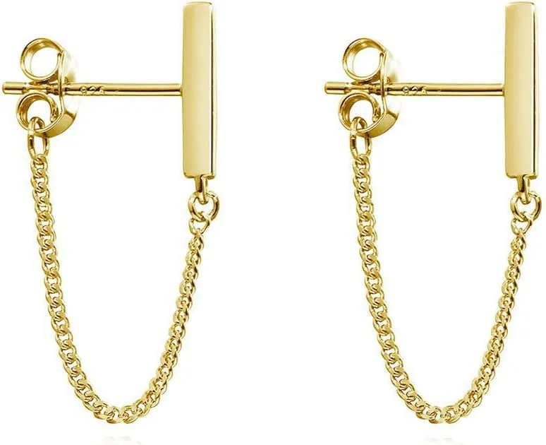 Reffeer Solid 925 Sterling Silver Bar Chain Dangle Earrings Drops for Women Teens Bar Drop Earrings Chain Studs