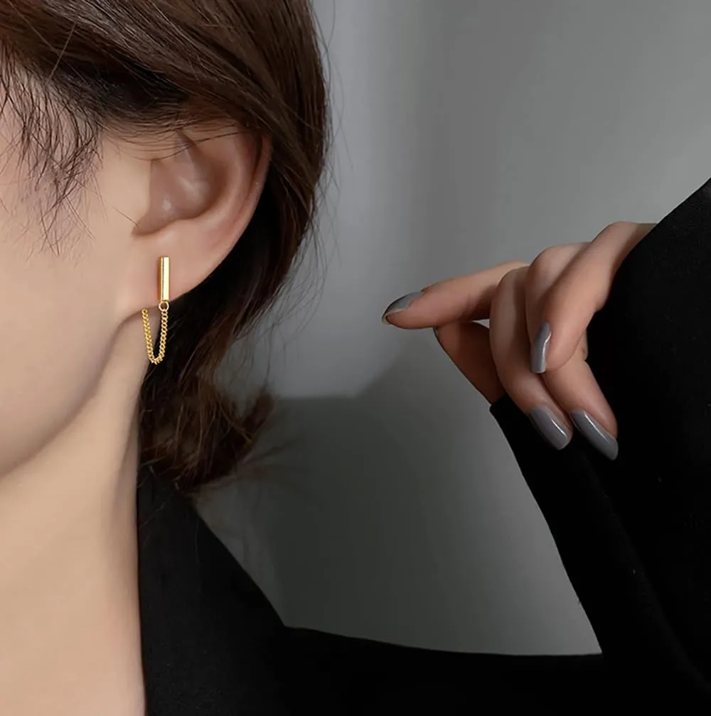 Reffeer Solid 925 Sterling Silver Bar Chain Dangle Earrings Drops for Women Teens Bar Drop Earrings Chain Studs