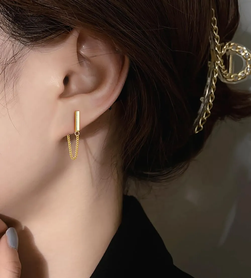 Reffeer Solid 925 Sterling Silver Bar Chain Dangle Earrings Drops for Women Teens Bar Drop Earrings Chain Studs