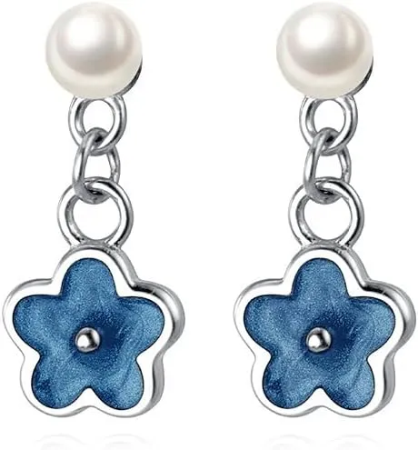 Reffeer Solid 925 Sterling Silver Daisy Flower Stud Earrings Drops for Women Tiny Flower Drop Earrings Pearl Studs (A-Silver)