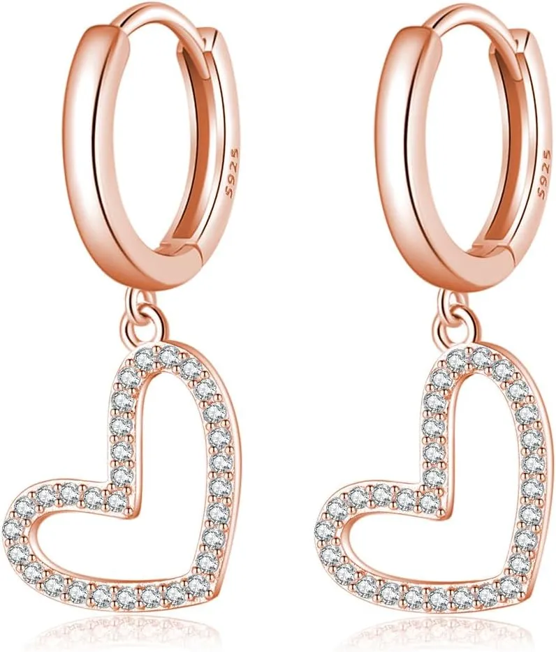 Reffeer Solid 925 Sterling Silver Love Heart Hoop Earrings Drops for Women Teens CZ Heart Hoop Earrings Huggie