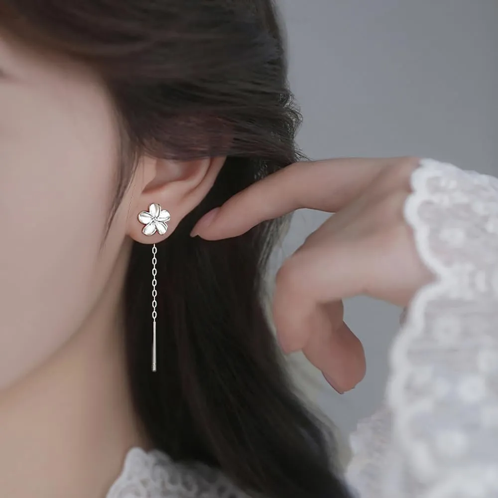 Reffeer Solid 925 Sterling Silver Plumeria Flower Chain Dangle Earrings for Women Teens CZ Flower Tassel Earrings Threader Drops