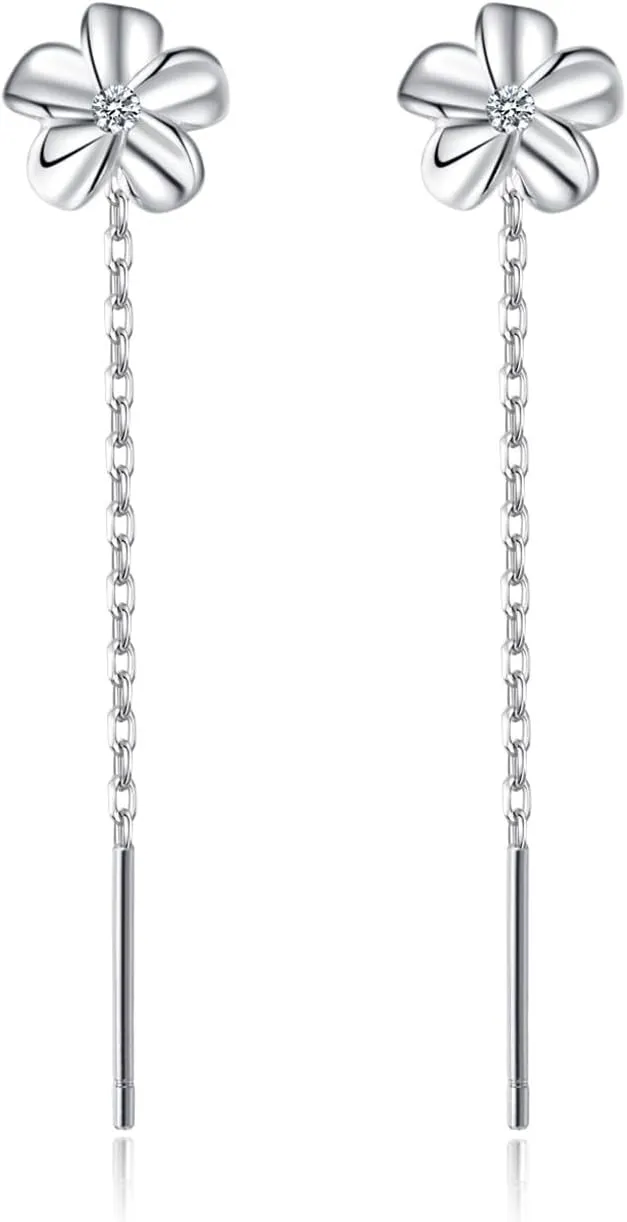 Reffeer Solid 925 Sterling Silver Plumeria Flower Chain Dangle Earrings for Women Teens CZ Flower Tassel Earrings Threader Drops