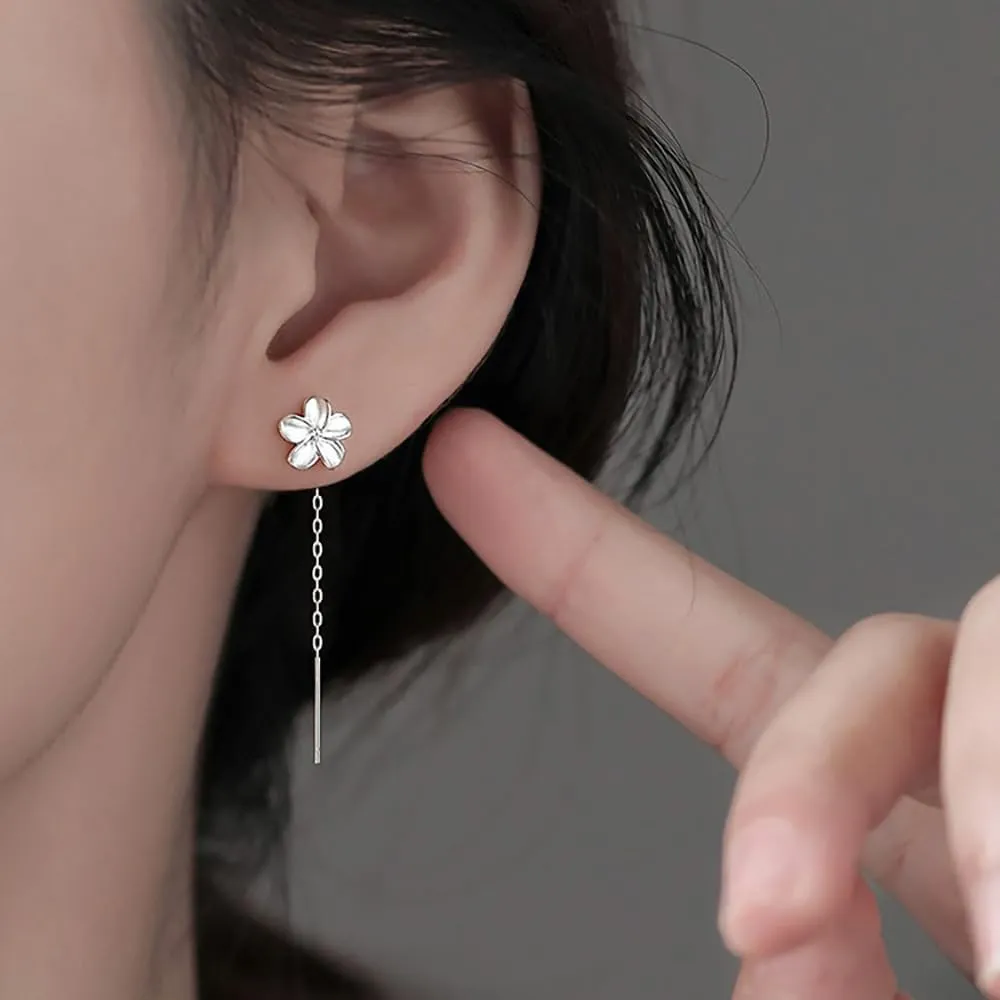 Reffeer Solid 925 Sterling Silver Plumeria Flower Chain Dangle Earrings for Women Teens CZ Flower Tassel Earrings Threader Drops