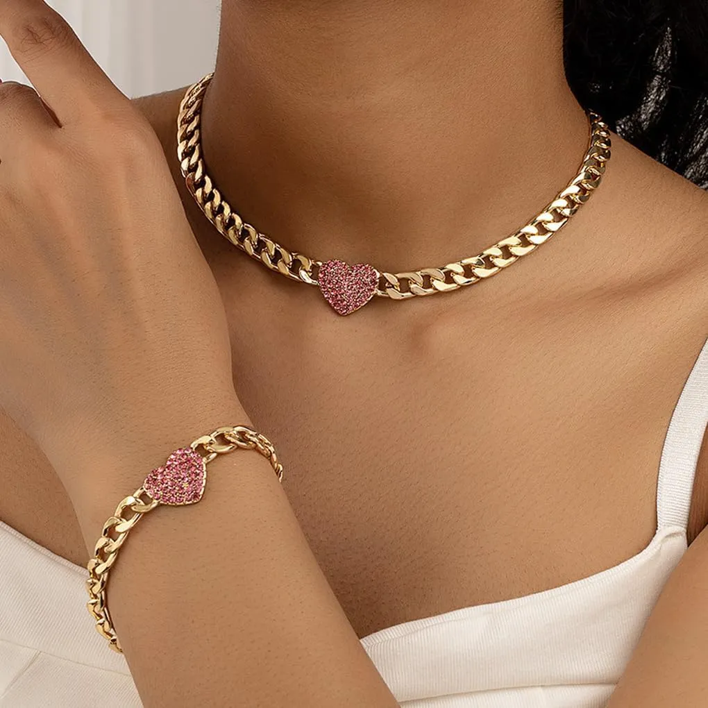 Rhinestone Heart Necklace Bracelet Set,Sparkling Cubic Zirconia Love Cuban Link Statement Choker Bracelets,Sweet Plated Gold CZ Heart Jewelry Set