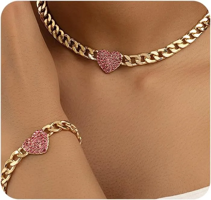 Rhinestone Heart Necklace Bracelet Set,Sparkling Cubic Zirconia Love Cuban Link Statement Choker Bracelets,Sweet Plated Gold CZ Heart Jewelry Set