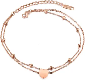 RoseGold Ankle Bracelets for Women - Adjustable Layered Chains Heart Anklets - Stainless Steel Link Foot Jewellery