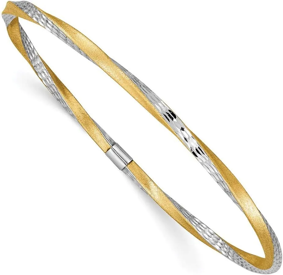 Roy Rose Jewelry 14K Yellow Gold & Rhodium 3mm Satin Diamond-cut Twist Slip-on Bangle ~ Length '' inches