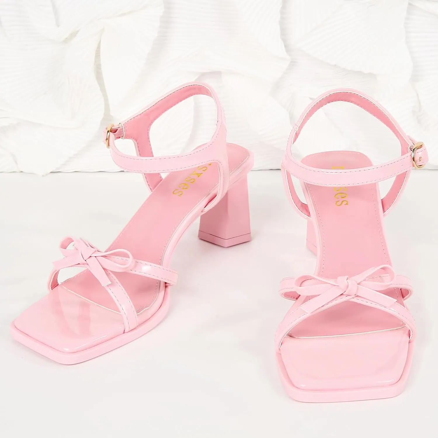 rsxses High Heels for Women Bow Block Chunky Heels Square Open Toe Sandals Wedding Dress Party Strappy Heels