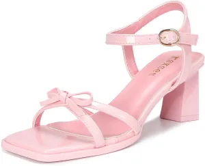 rsxses High Heels for Women Bow Block Chunky Heels Square Open Toe Sandals Wedding Dress Party Strappy Heels