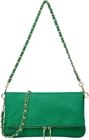 Rungion Fold-Over Clutch Purses for Women Small Vegan Leather Crossbody Shoulder Bag with Chain Evening Wristlet Satchels