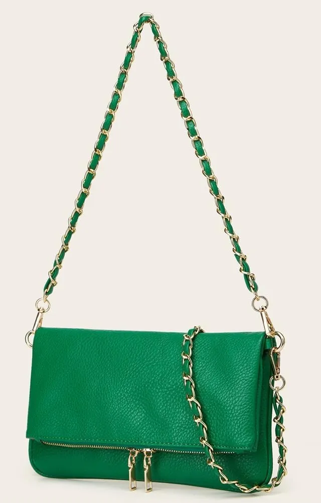 Rungion Fold-Over Clutch Purses for Women Small Vegan Leather Crossbody Shoulder Bag with Chain Evening Wristlet Satchels