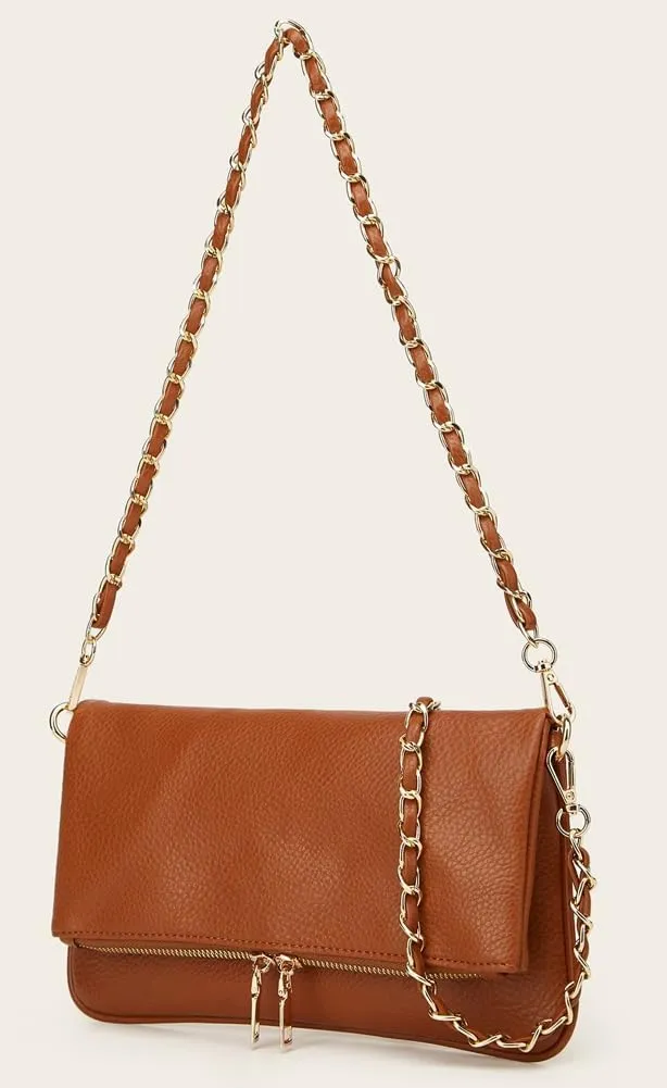 Rungion Fold-Over Clutch Purses for Women Small Vegan Leather Crossbody Shoulder Bag with Chain Evening Wristlet Satchels