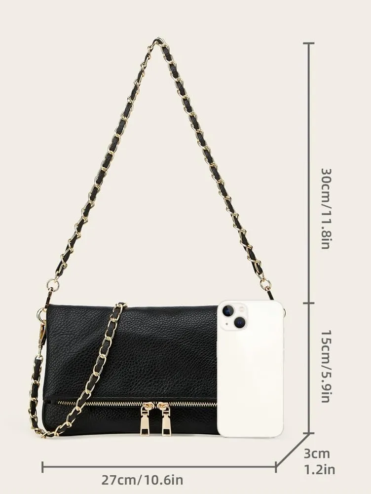 Rungion Fold-Over Clutch Purses for Women Small Vegan Leather Crossbody Shoulder Bag with Chain Evening Wristlet Satchels