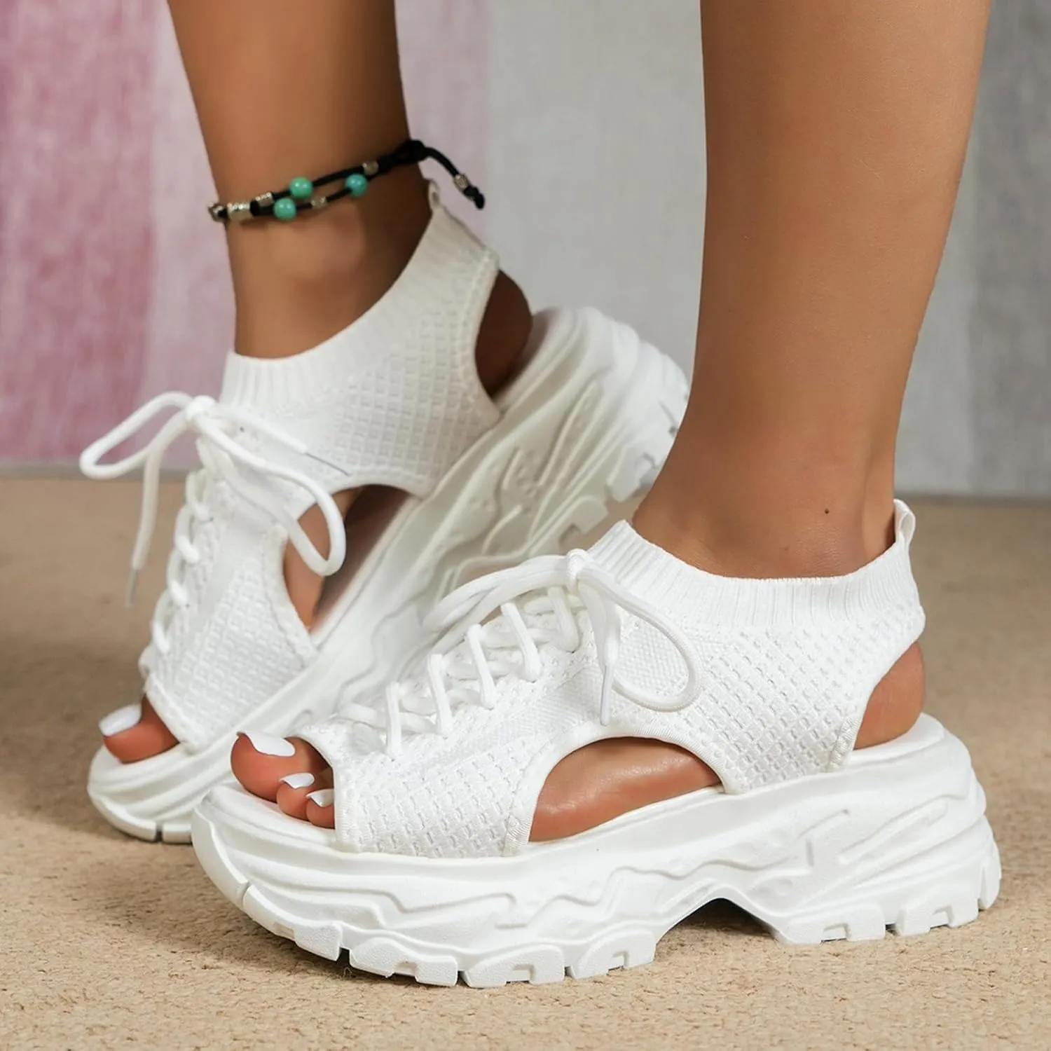 SACFOF Womens Knit Platform Wedges Sneaker Open Toe Athletic Walking Shoes High Heel Mesh Breathable Fashion Sneaker