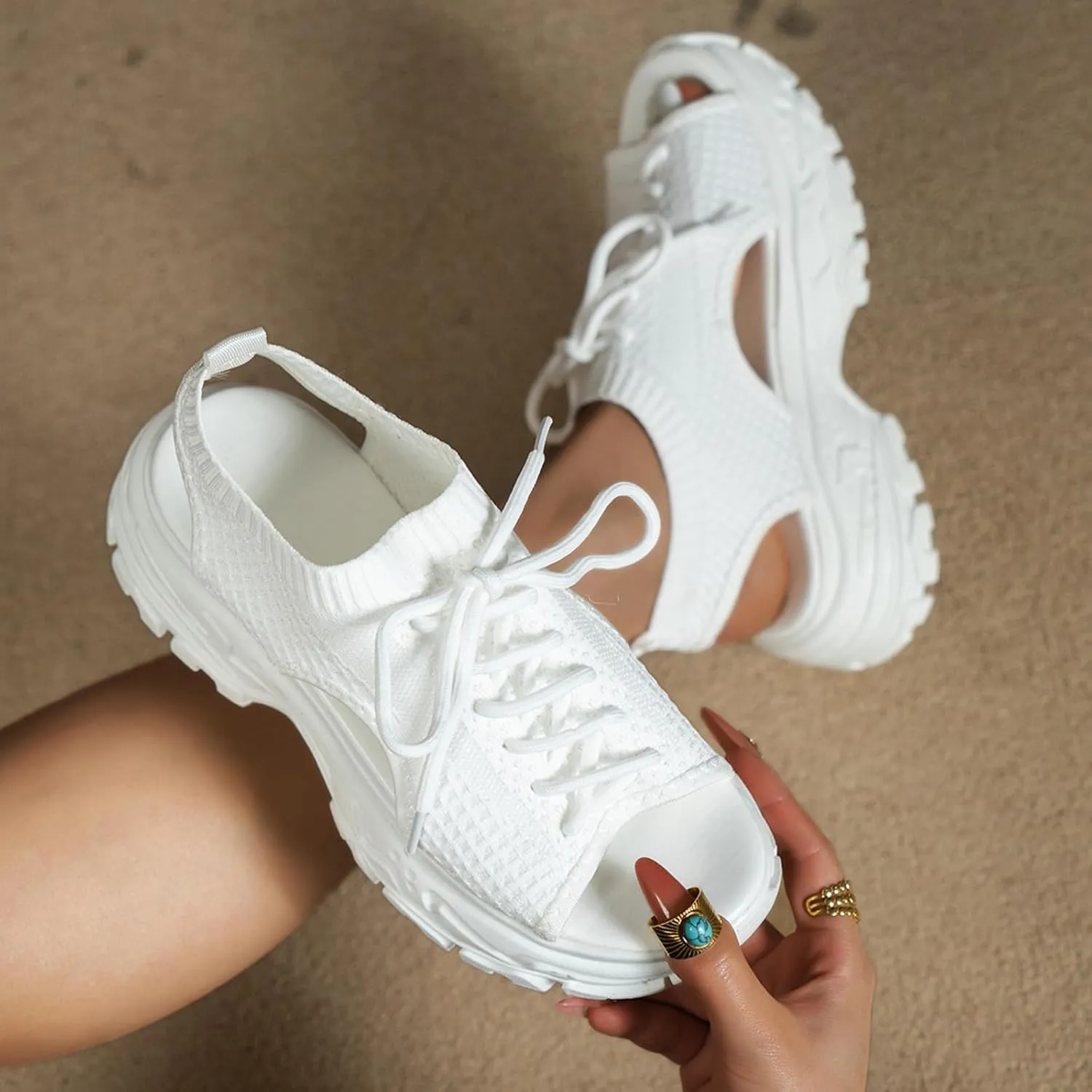 SACFOF Womens Knit Platform Wedges Sneaker Open Toe Athletic Walking Shoes High Heel Mesh Breathable Fashion Sneaker