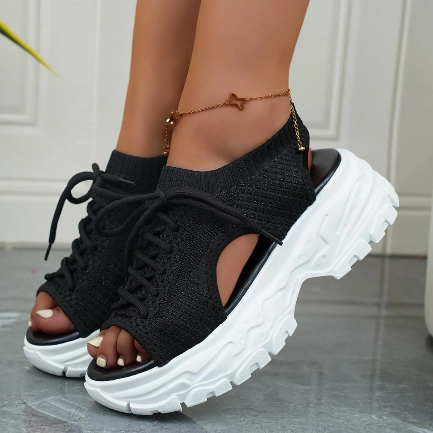 SACFOF Womens Knit Platform Wedges Sneaker Open Toe Athletic Walking Shoes High Heel Mesh Breathable Fashion Sneaker