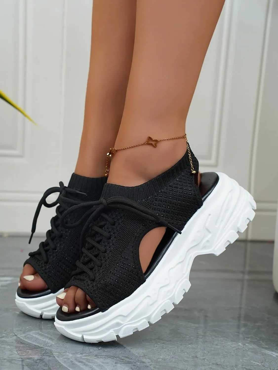 SACFOF Womens Knit Platform Wedges Sneaker Open Toe Athletic Walking Shoes High Heel Mesh Breathable Fashion Sneaker