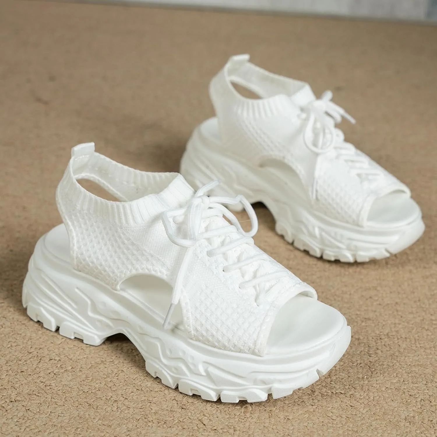 SACFOF Womens Knit Platform Wedges Sneaker Open Toe Athletic Walking Shoes High Heel Mesh Breathable Fashion Sneaker