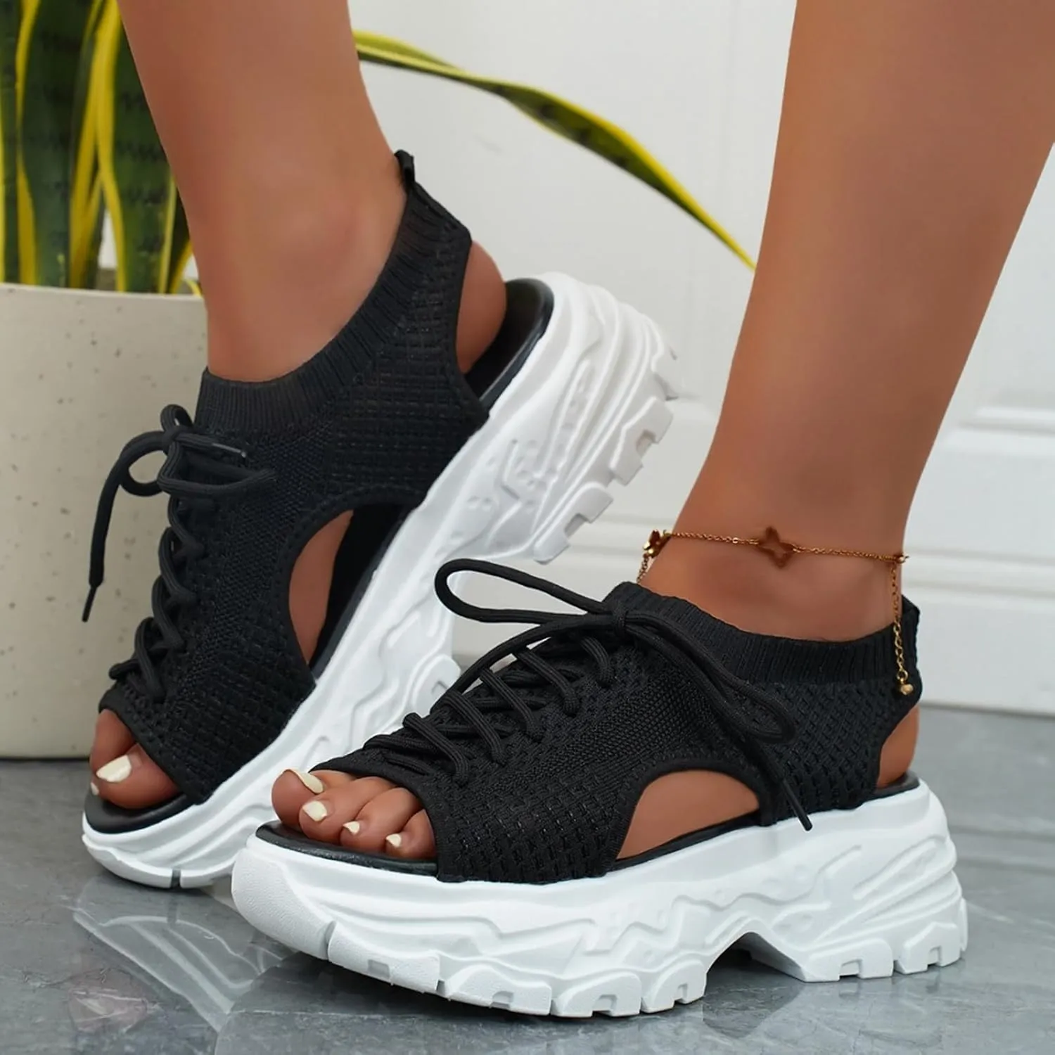 SACFOF Womens Knit Platform Wedges Sneaker Open Toe Athletic Walking Shoes High Heel Mesh Breathable Fashion Sneaker