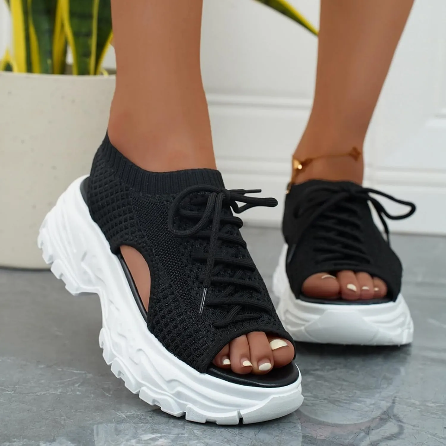 SACFOF Womens Knit Platform Wedges Sneaker Open Toe Athletic Walking Shoes High Heel Mesh Breathable Fashion Sneaker