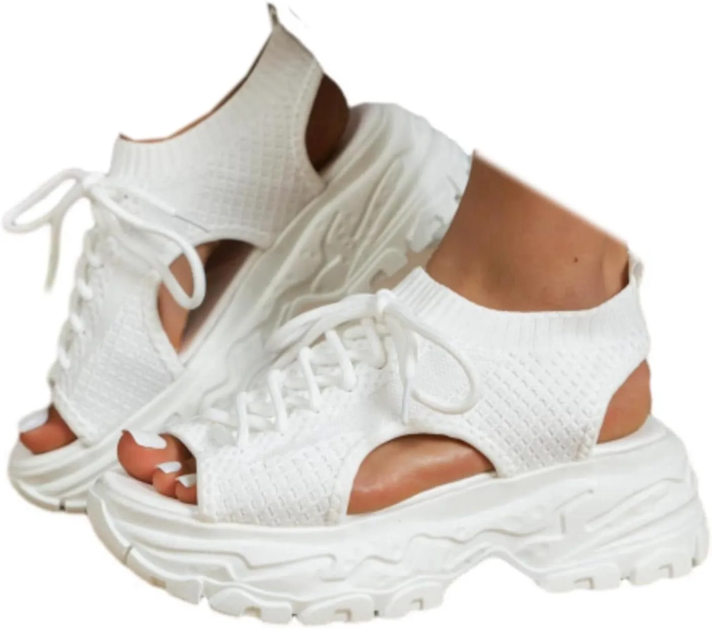 SACFOF Womens Knit Platform Wedges Sneaker Open Toe Athletic Walking Shoes High Heel Mesh Breathable Fashion Sneaker