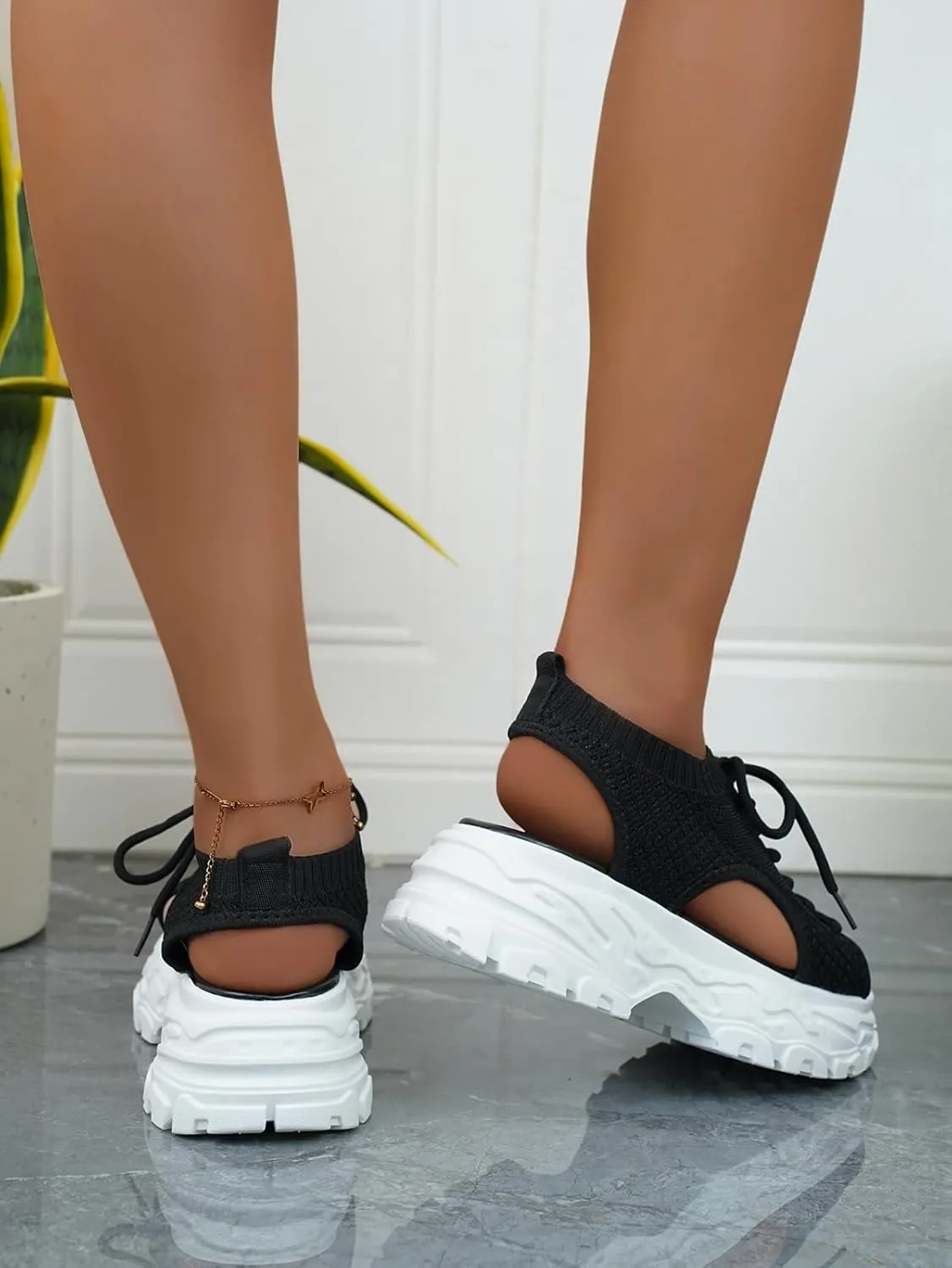 SACFOF Womens Knit Platform Wedges Sneaker Open Toe Athletic Walking Shoes High Heel Mesh Breathable Fashion Sneaker