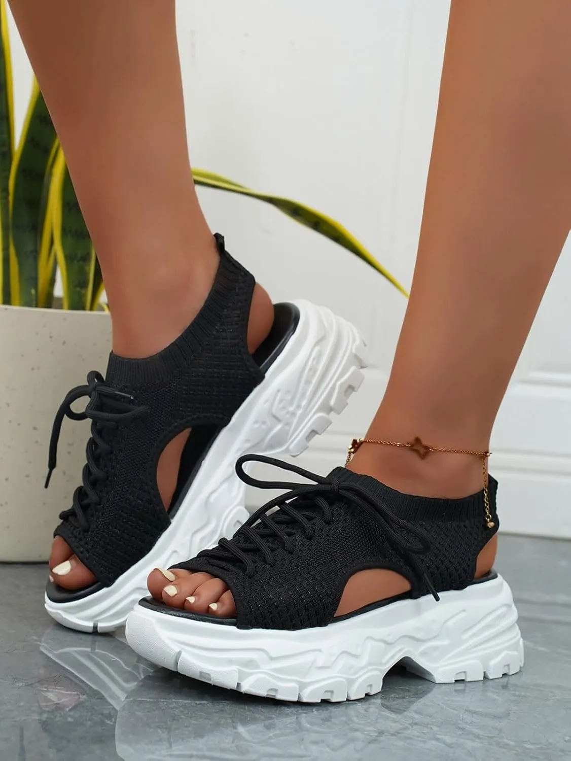 SACFOF Womens Knit Platform Wedges Sneaker Open Toe Athletic Walking Shoes High Heel Mesh Breathable Fashion Sneaker
