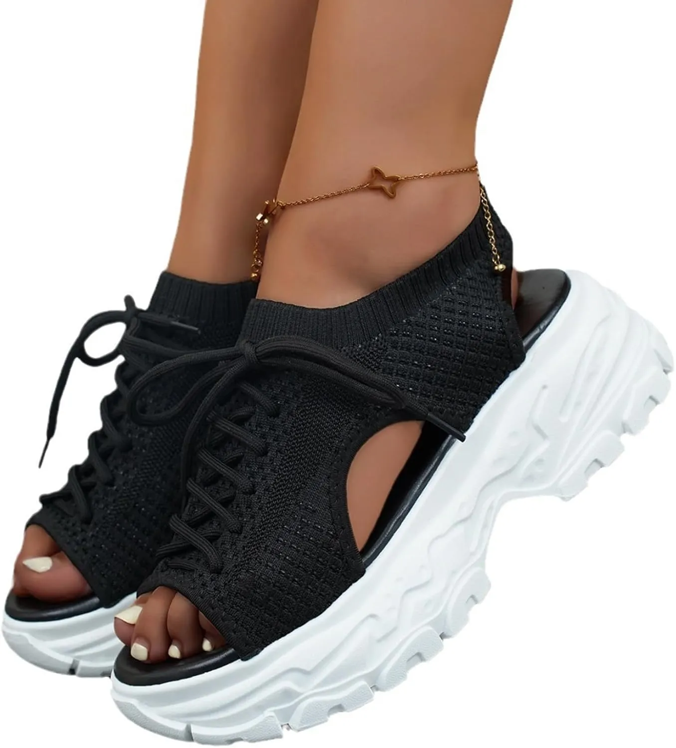 SACFOF Womens Knit Platform Wedges Sneaker Open Toe Athletic Walking Shoes High Heel Mesh Breathable Fashion Sneaker