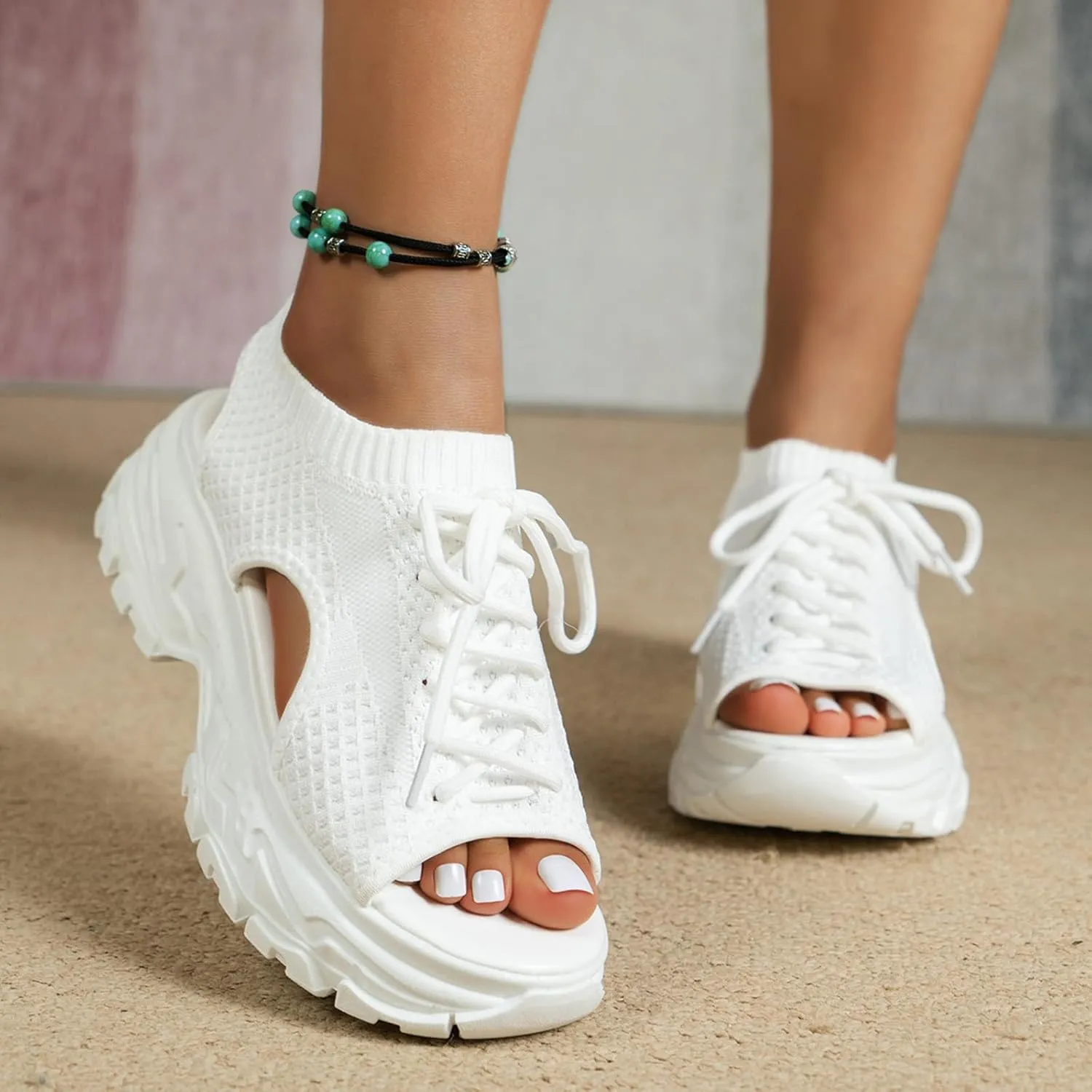 SACFOF Womens Knit Platform Wedges Sneaker Open Toe Athletic Walking Shoes High Heel Mesh Breathable Fashion Sneaker