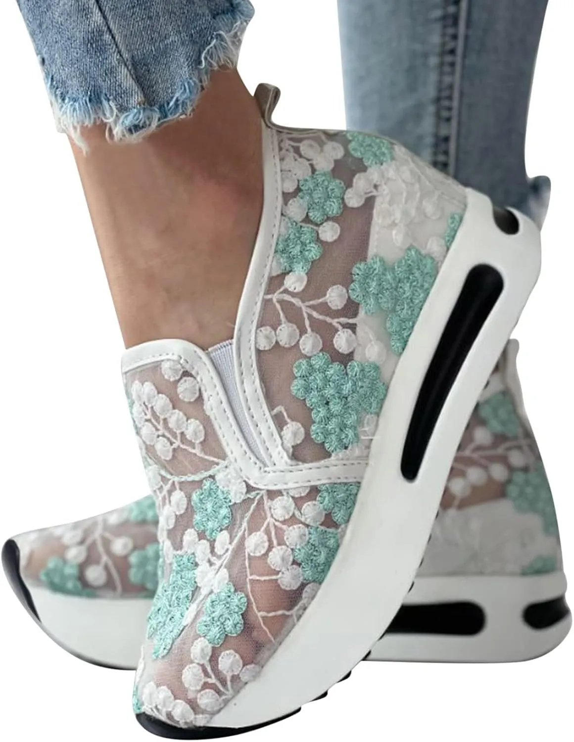 SACFOF Women's Platform Wedge Sneakers Floral Embroidery Breathable Mesh Summer Platform Shoes Hidden Walking Loafers