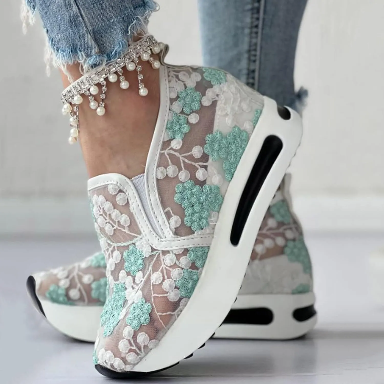 SACFOF Women's Platform Wedge Sneakers Floral Embroidery Breathable Mesh Summer Platform Shoes Hidden Walking Loafers