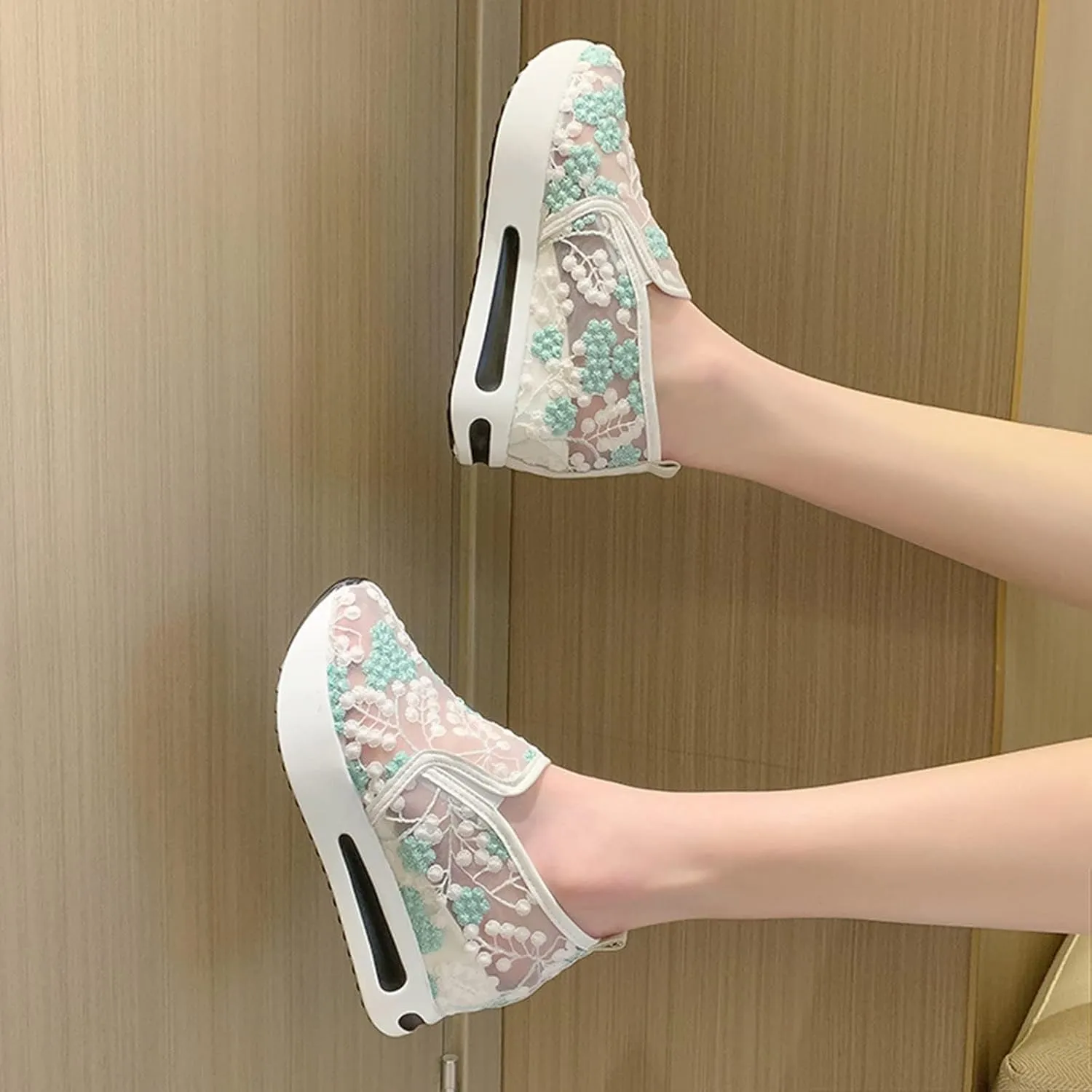 SACFOF Women's Platform Wedge Sneakers Floral Embroidery Breathable Mesh Summer Platform Shoes Hidden Walking Loafers