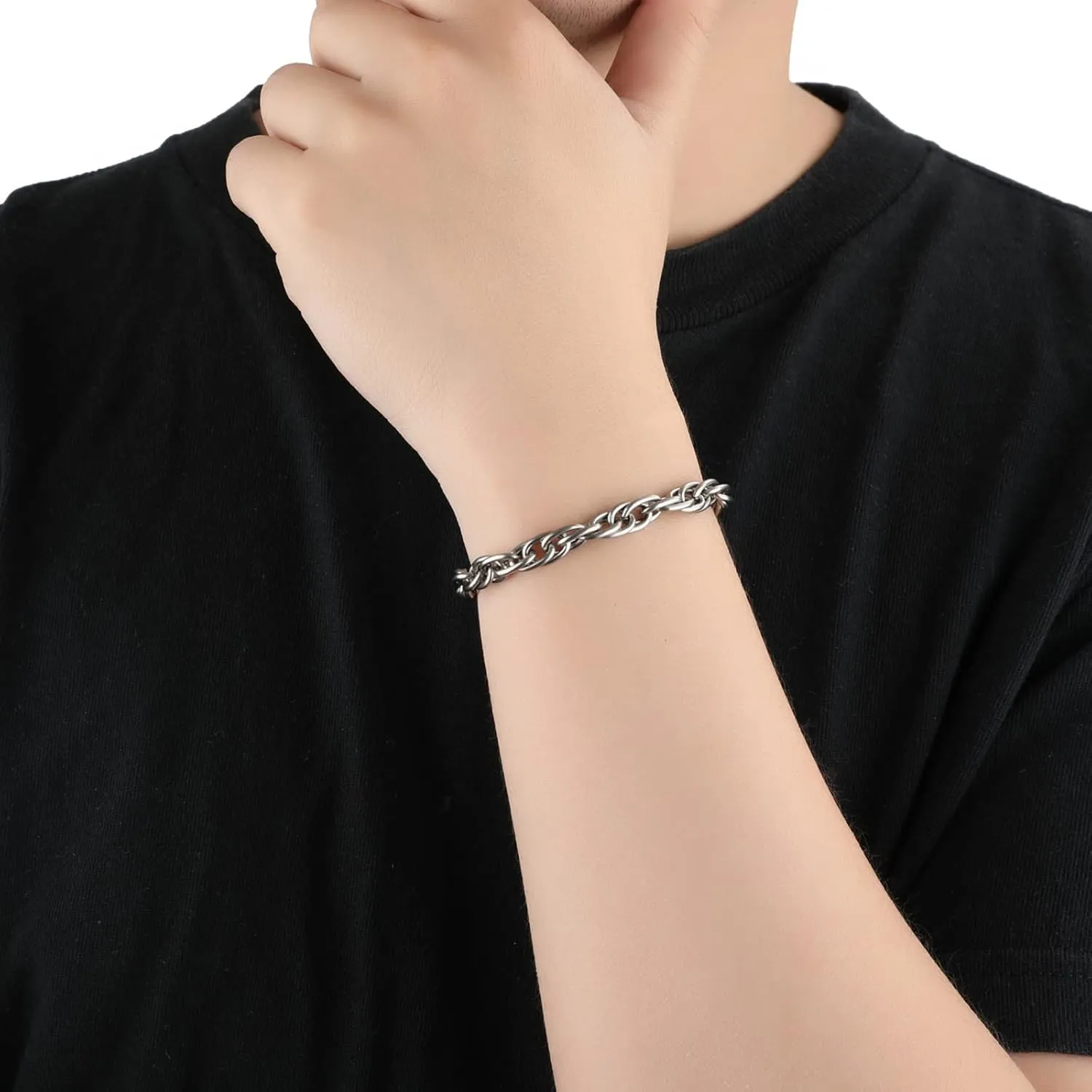 SanThree 7mm Solid Pure Titanium Twist Link Chain Bracelets for Men & Women, Skin Friendly Braid Rope Titanium Bracelet Birthday Graduation Fathers Day Jewelry Gift,7.87"/8.66"/9.05",Come with Gift Box