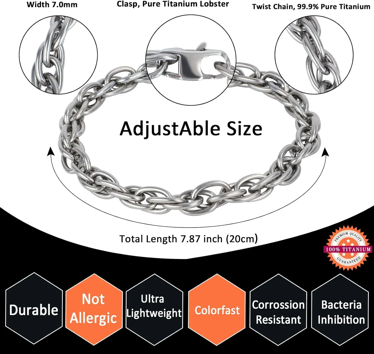 SanThree 7mm Solid Pure Titanium Twist Link Chain Bracelets for Men & Women, Skin Friendly Braid Rope Titanium Bracelet Birthday Graduation Fathers Day Jewelry Gift,7.87"/8.66"/9.05",Come with Gift Box