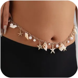 Seashell Starfish Chains Waist for Women Boho Conch Belly Body Chains Pearl Starfish Chains Waist Belt Summer Beach Body Jewelry
