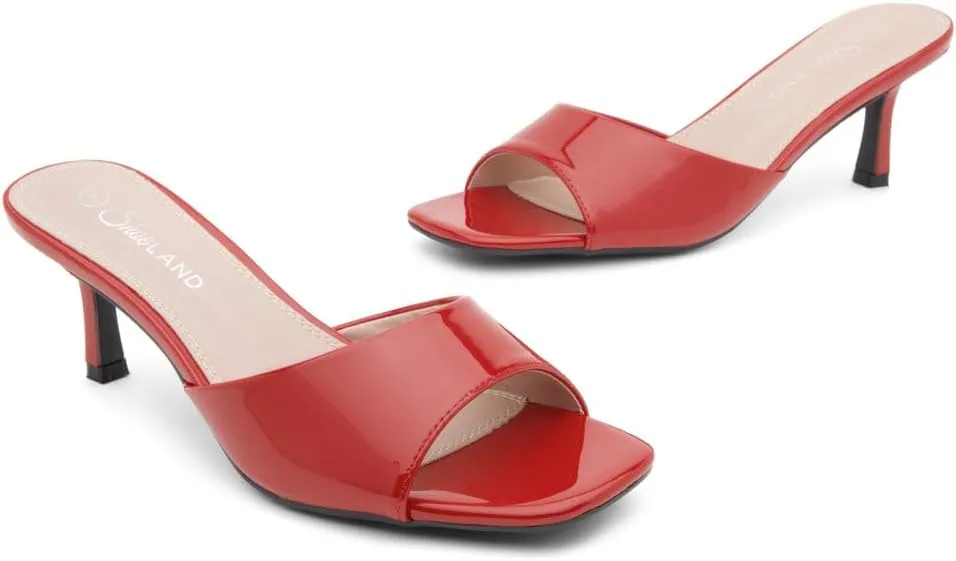 Shoe Land Deverena Women's Low Heels Stiletto Heeled Slides, Open Toe One Band Slip-On Heeled Mules  Dressy Heeled Sandals for Prom, Party, Wedding, and Vacation