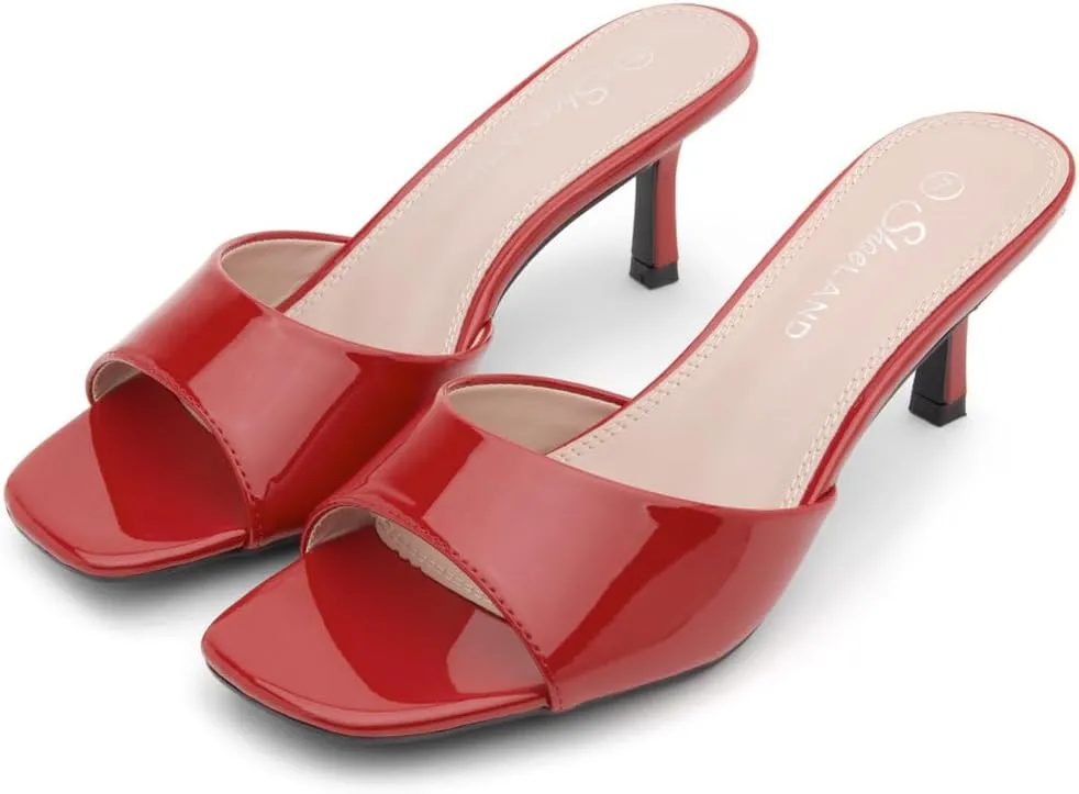 Shoe Land Deverena Women's Low Heels Stiletto Heeled Slides, Open Toe One Band Slip-On Heeled Mules  Dressy Heeled Sandals for Prom, Party, Wedding, and Vacation