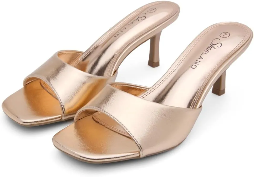 Shoe Land Deverena Women's Low Heels Stiletto Heeled Slides, Open Toe One Band Slip-On Heeled Mules  Dressy Heeled Sandals for Prom, Party, Wedding, and Vacation