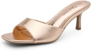 Shoe Land Deverena Women's Low Heels Stiletto Heeled Slides, Open Toe One Band Slip-On Heeled Mules  Dressy Heeled Sandals for Prom, Party, Wedding, and Vacation
