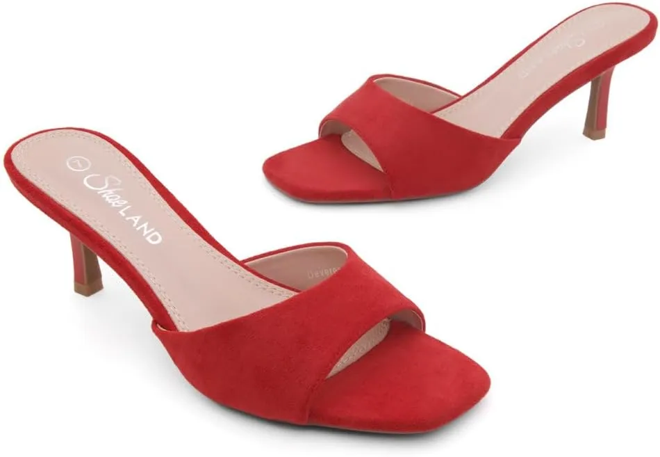 Shoe Land Deverena Women's Low Heels Stiletto Heeled Slides, Open Toe One Band Slip-On Heeled Mules  Dressy Heeled Sandals for Prom, Party, Wedding, and Vacation