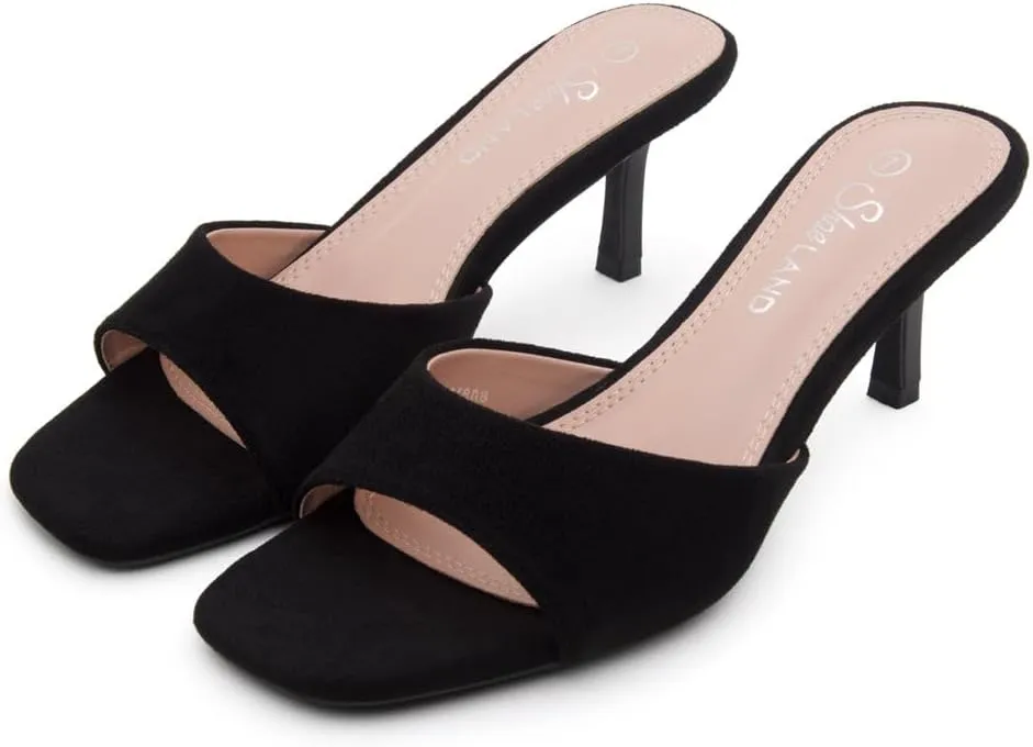 Shoe Land Deverena Women's Low Heels Stiletto Heeled Slides, Open Toe One Band Slip-On Heeled Mules  Dressy Heeled Sandals for Prom, Party, Wedding, and Vacation