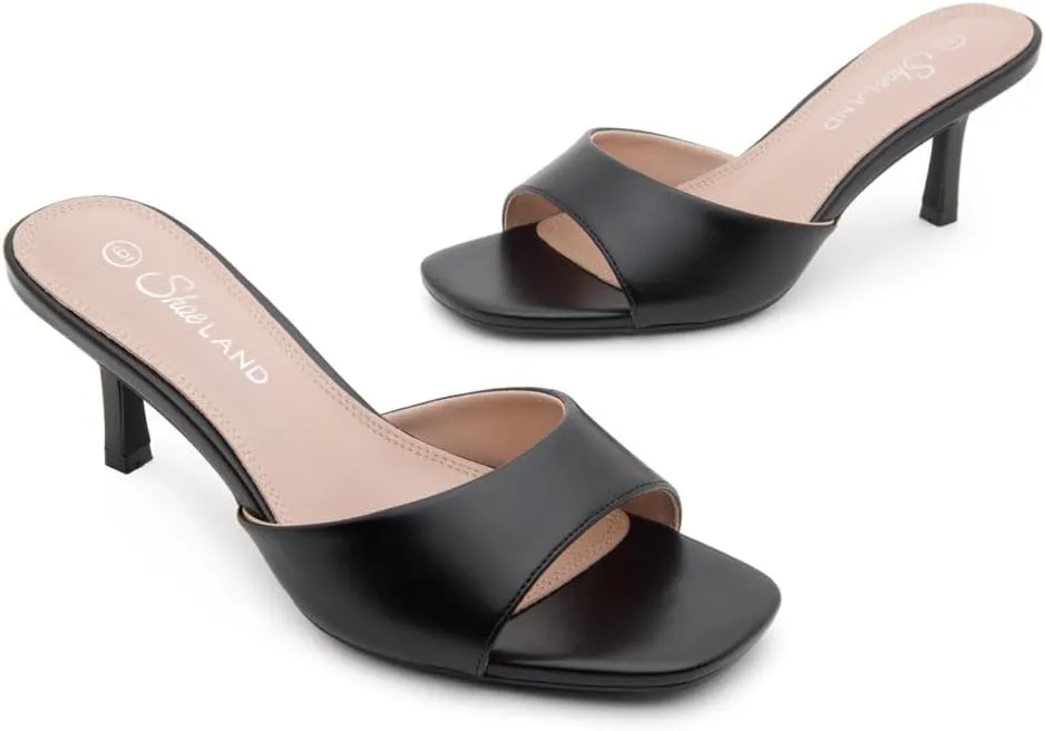Shoe Land Deverena Women's Low Heels Stiletto Heeled Slides, Open Toe One Band Slip-On Heeled Mules  Dressy Heeled Sandals for Prom, Party, Wedding, and Vacation