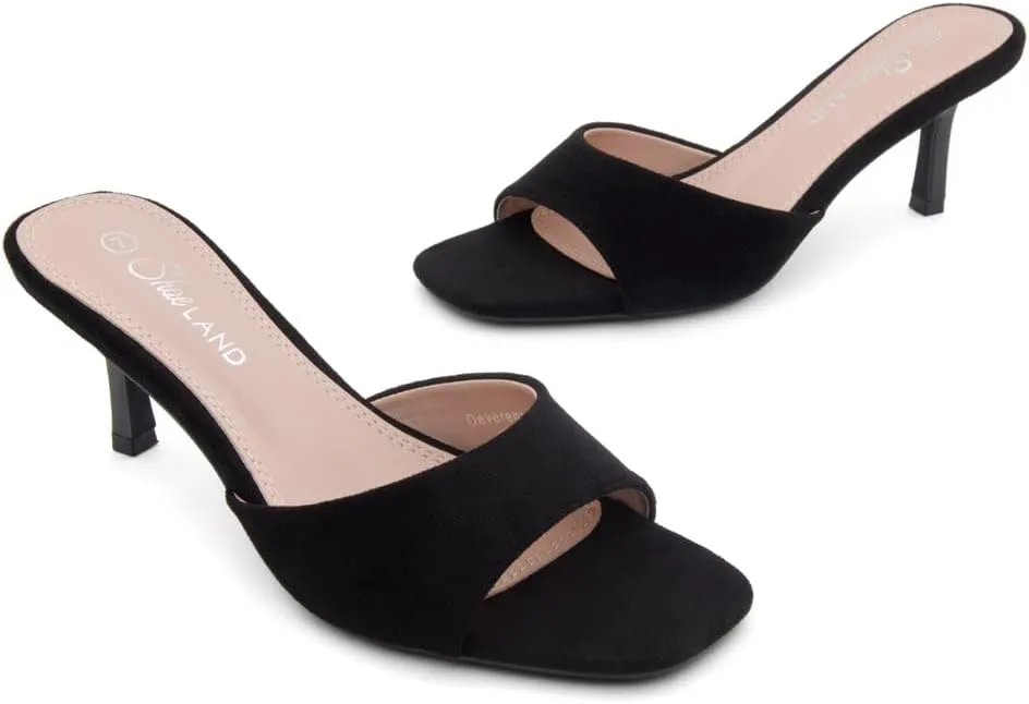 Shoe Land Deverena Women's Low Heels Stiletto Heeled Slides, Open Toe One Band Slip-On Heeled Mules  Dressy Heeled Sandals for Prom, Party, Wedding, and Vacation