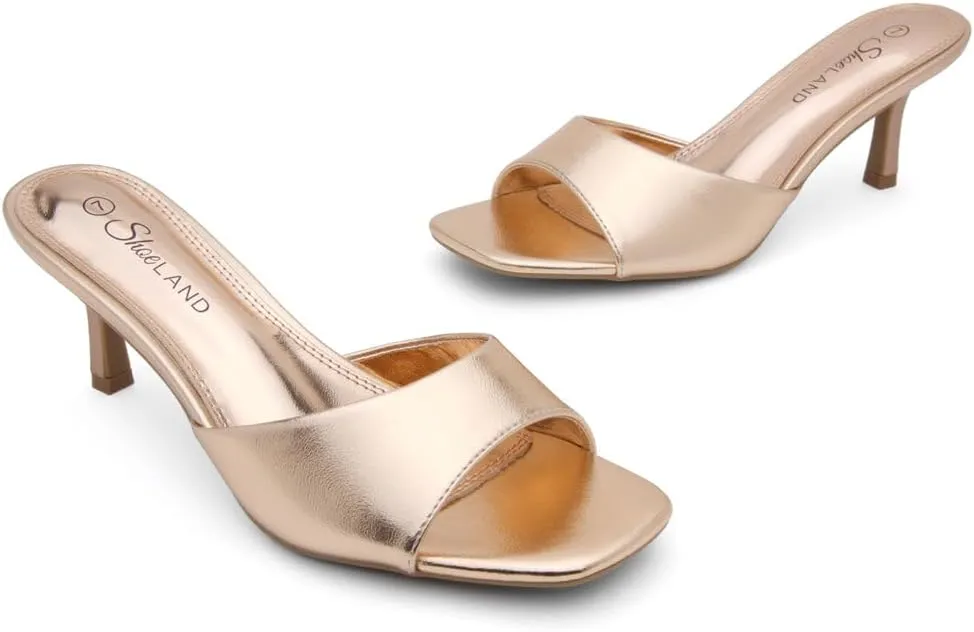 Shoe Land Deverena Women's Low Heels Stiletto Heeled Slides, Open Toe One Band Slip-On Heeled Mules  Dressy Heeled Sandals for Prom, Party, Wedding, and Vacation