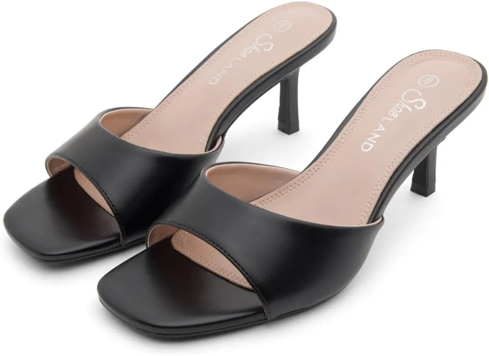 Shoe Land Deverena Women's Low Heels Stiletto Heeled Slides, Open Toe One Band Slip-On Heeled Mules  Dressy Heeled Sandals for Prom, Party, Wedding, and Vacation