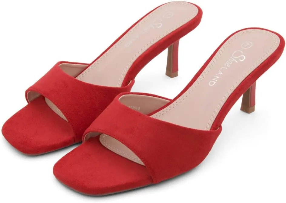 Shoe Land Deverena Women's Low Heels Stiletto Heeled Slides, Open Toe One Band Slip-On Heeled Mules  Dressy Heeled Sandals for Prom, Party, Wedding, and Vacation
