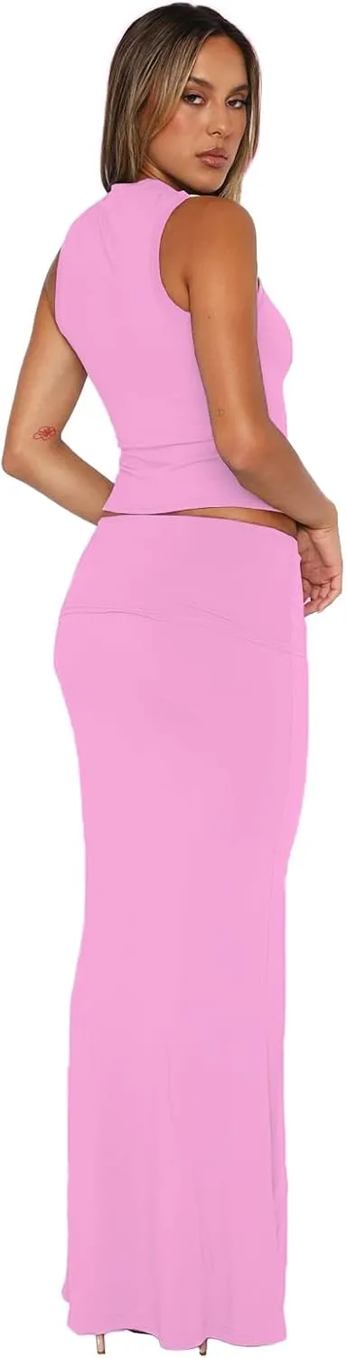 Skirt Sets Women 2 Piece Outfits Summer Going Out Y2K Outfits Two Piece Sleeveless Tank Crop Top Bodycon Maxi Skirts