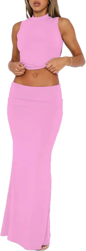 Skirt Sets Women 2 Piece Outfits Summer Going Out Y2K Outfits Two Piece Sleeveless Tank Crop Top Bodycon Maxi Skirts