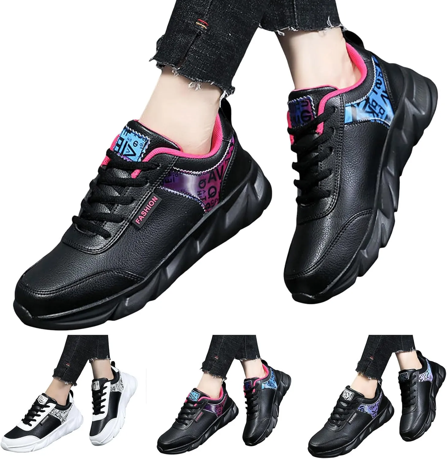 Slip on Walking Shoes Women Comfy PU Leather Non Slip Arch Support Running Shoes Breathable Mesh Sports Workout Tennis Shoes Fashion Lace Up Sneakers
